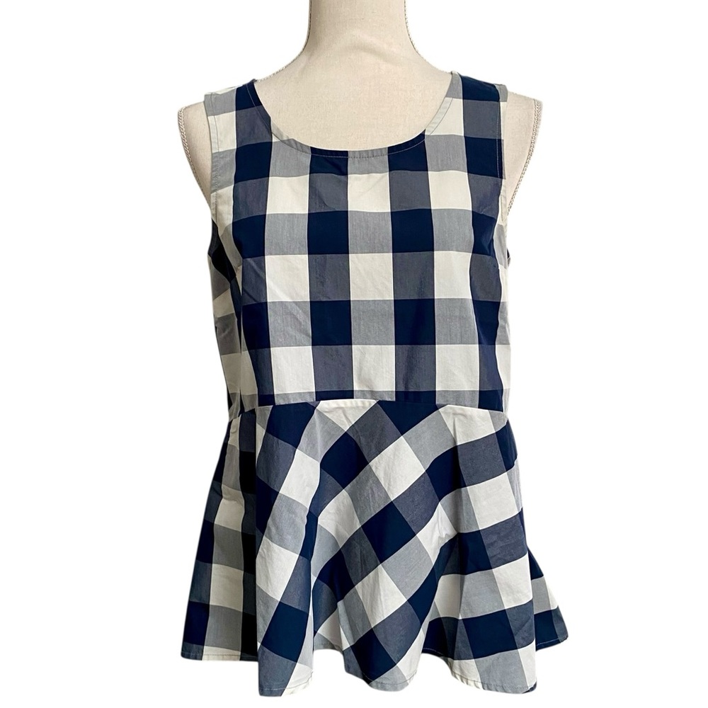 Anthropologie HD in Paris Navy Blue & White Buffalo Check Gingham Peplum Top - Picture 2 of 14